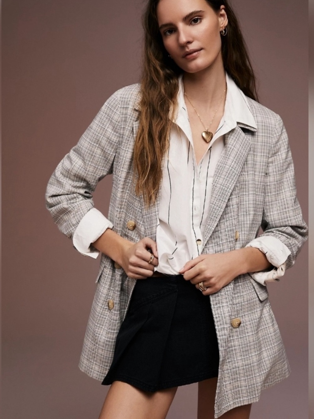 Free People Olivia Plaid Double-Breasted Blazer